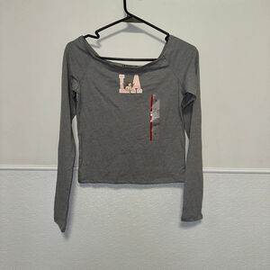 Women's MODERNLUX LA Graphic Long Sleeve Top Gray/Pink Size XS Angel NEW NWT